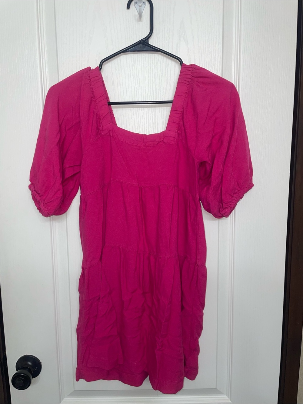 Square-Neck Puff-Sleeve Mini Dress in Fuchsia